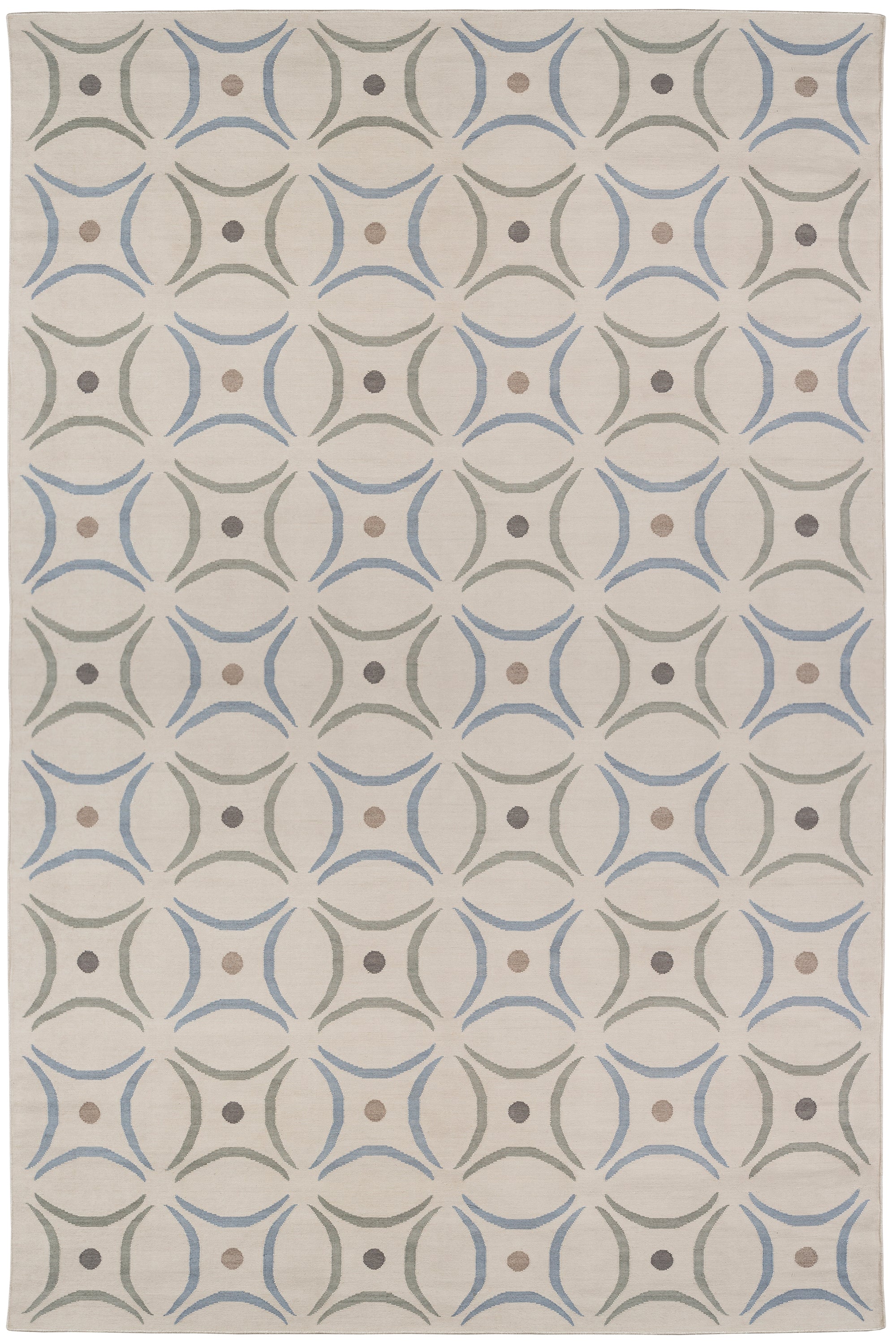 Full size Boe rug in Genoa, featuring a pattern of curved segments in light blue and sage green with taupe circles on an ivory field. 