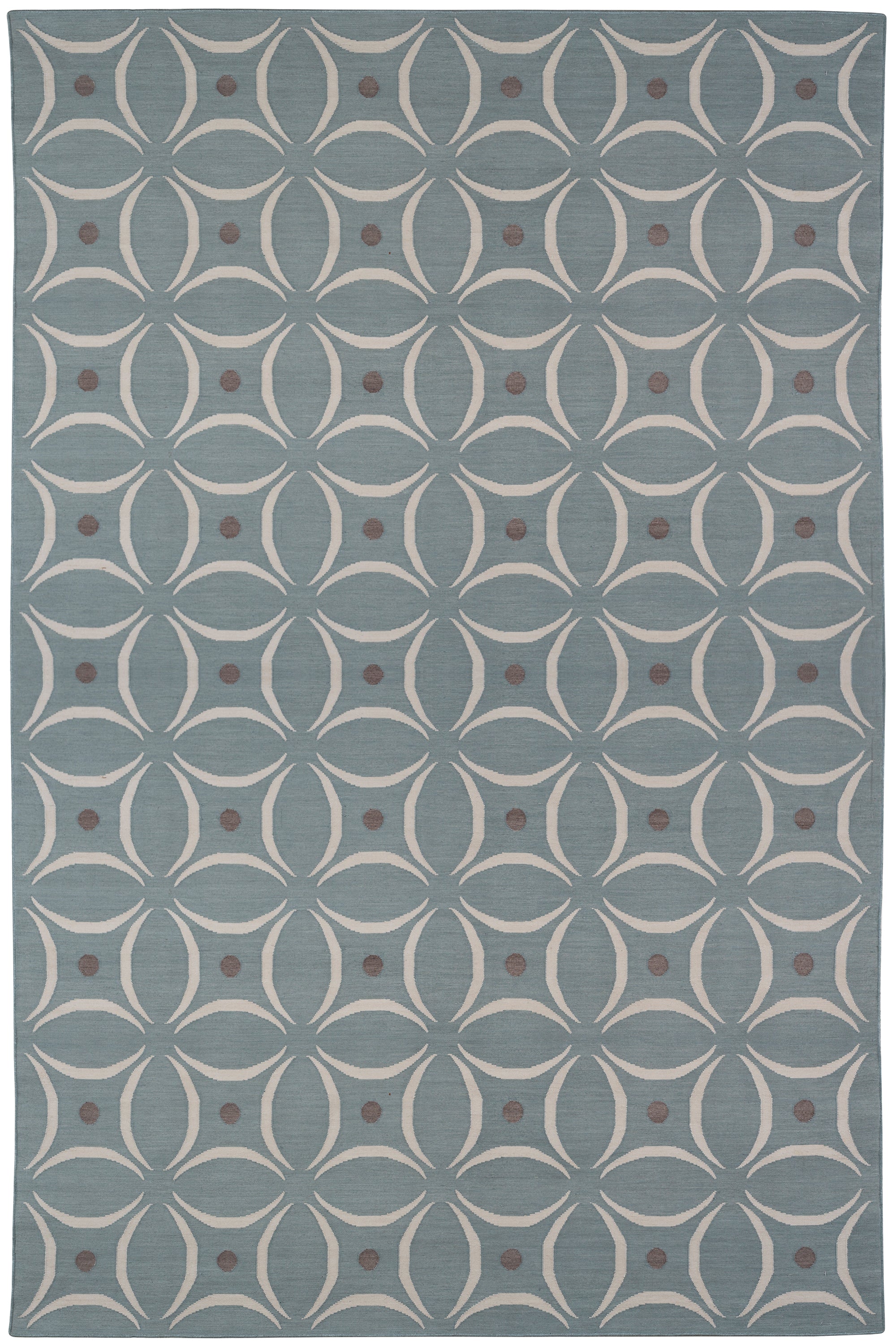 Full size Boe rug in Argento, featuring a pattern of white curved segments with taupe circles on a blue field. 