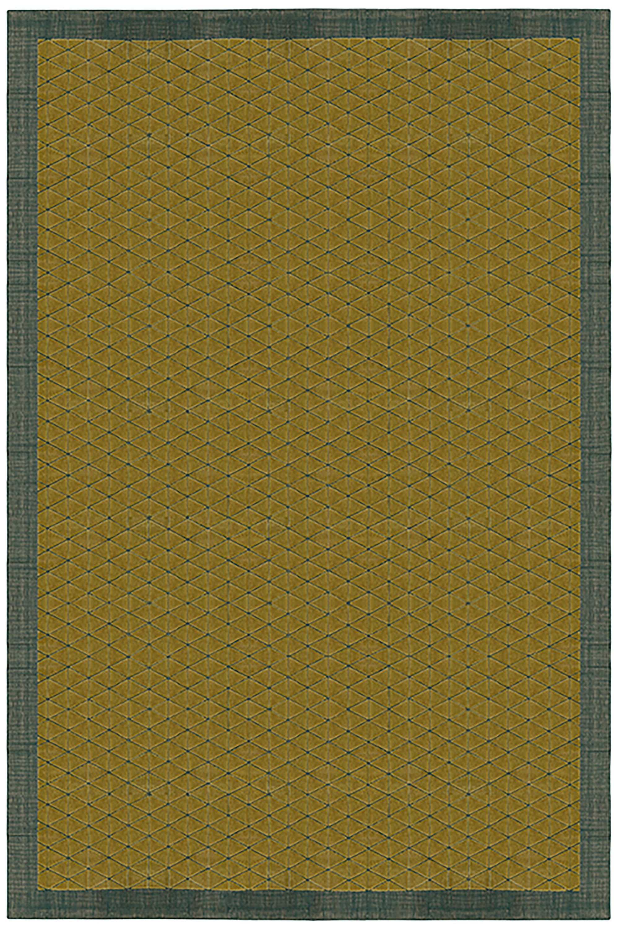 Full size Bucky Rug in citrine-jade, features a wide dark sage green border with a chartreuse colored lattice field  with a metallic sheen. 