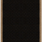 Full size Bucky Rug in jet-tan, features a wide taupe border with a black lattice field with a metallic sheen. 