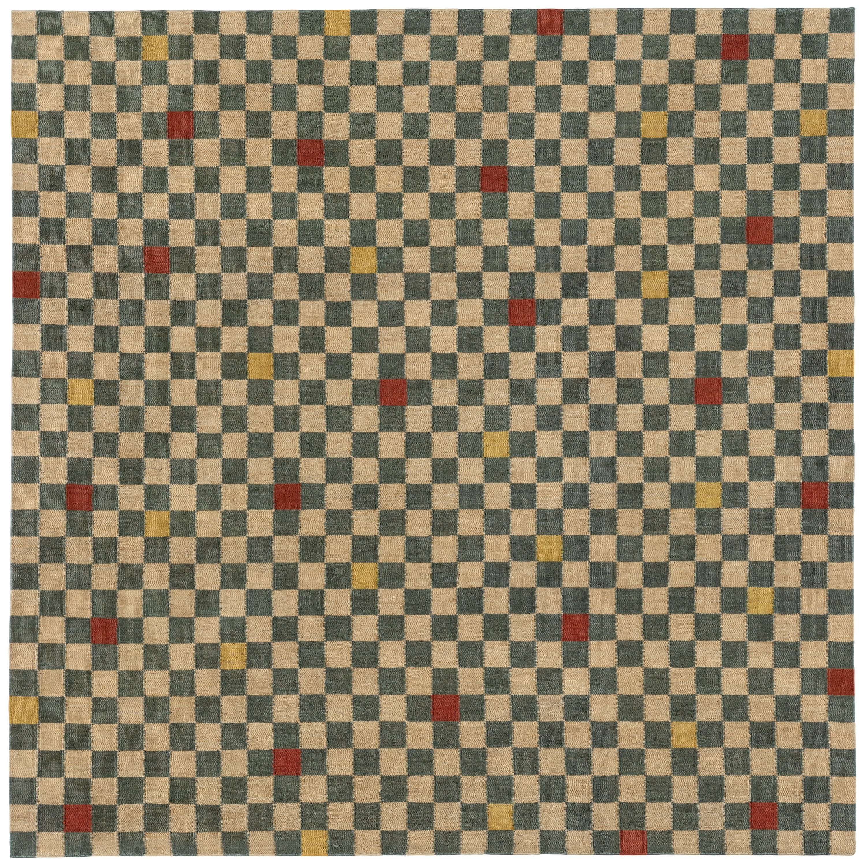 Full size Checkerboard Rug in bishop, a blue and white checkered pattern with random accents of red and yellow.