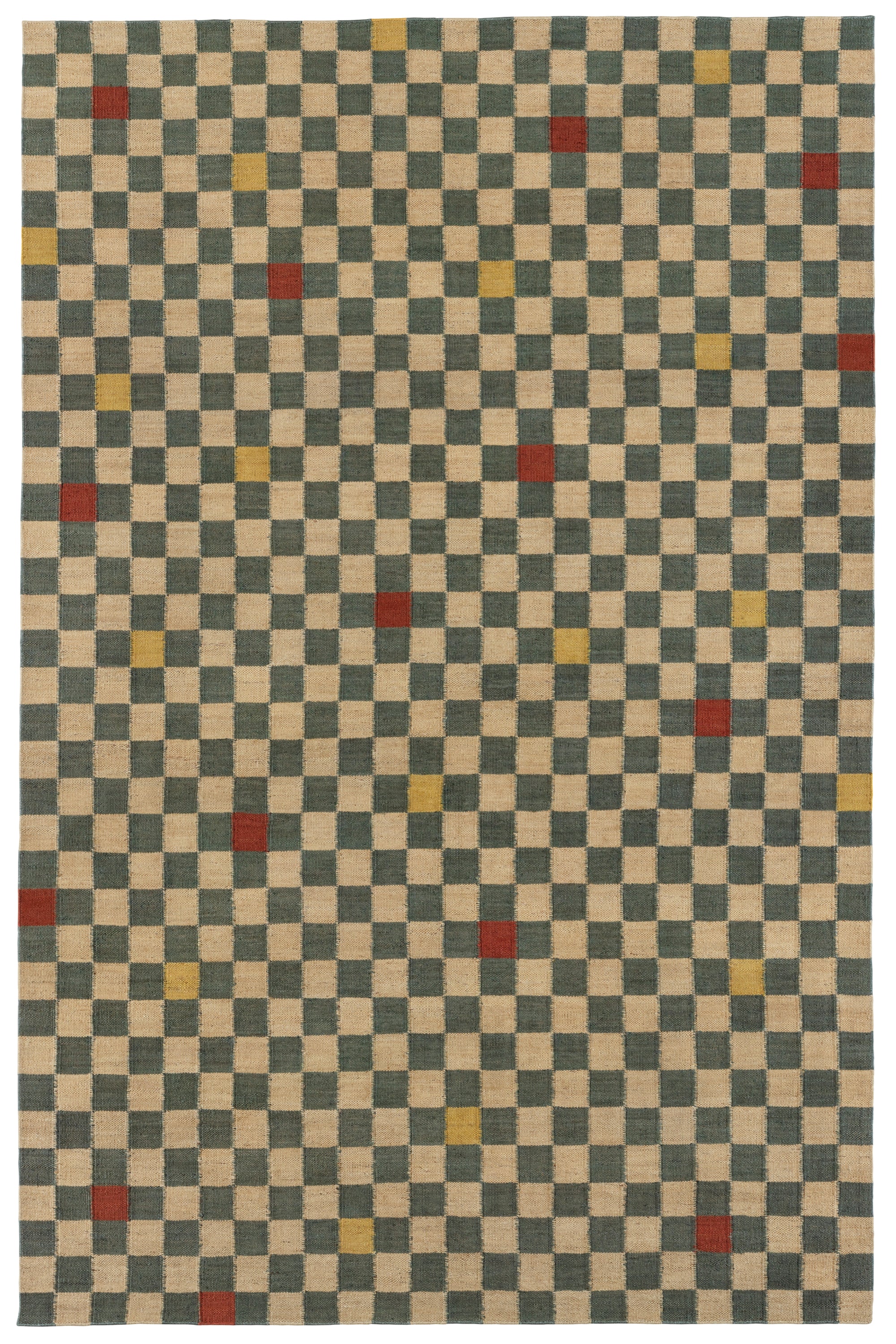 Full size Checkerboard Rug in bishop, a blue and white checkered pattern with random accents of red and yellow. 