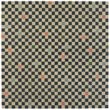 Checkerboard Rug in King, a black and tan checkered pattern with random accents of green, sky blue and coral orange. 