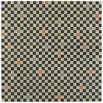 Checkerboard Rug in King, a black and tan checkered pattern with random accents of green, sky blue and coral orange. 