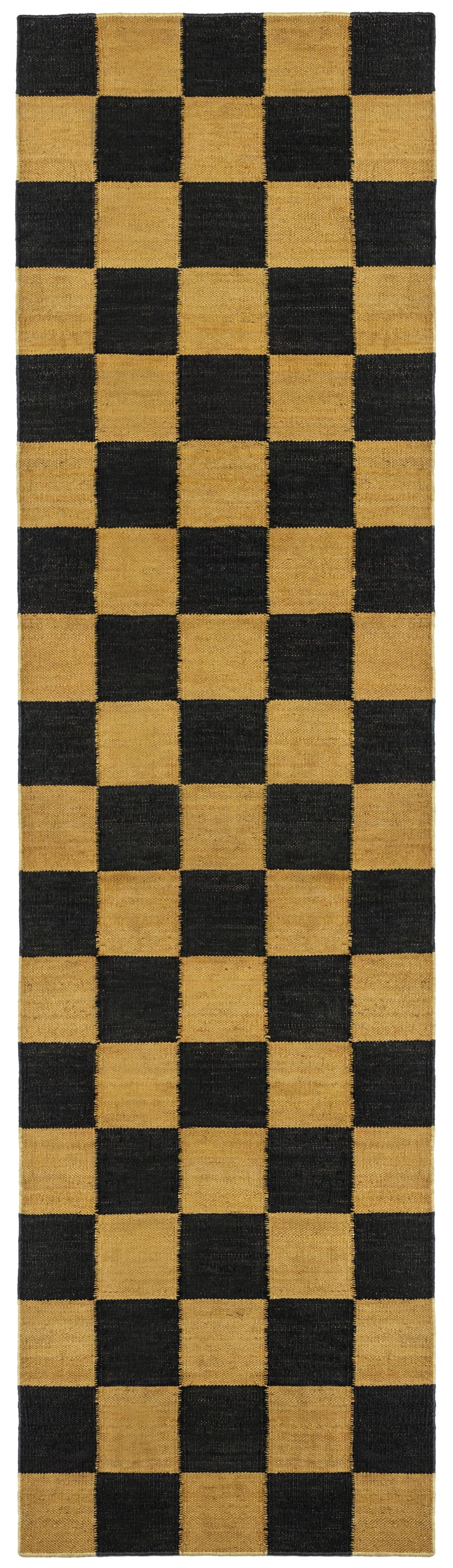 Detail of the Checkerboard Rug in Queen, a black and ochre yellow checkered pattern. 
