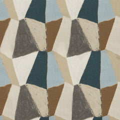 Detail image of a patterned fabric with mixed three dimensional diamond forms with black, white, beige, chocolate brown, sky blue and petrol blue