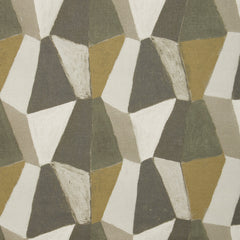 Detail image of a patterned fabric with mixed three dimensional diamond forms with black, white, taupe, dark forest green, dark sage green and a bright olive green
