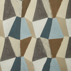 Detail swatch of a wallpaper pattern with mixed three dimensional diamond forms with black, white, beige, chocolate brown, sky blue and petrol blue on a textured paper.