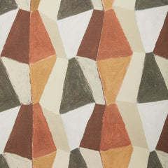 Detail swatch of a wallpaper pattern with mixed three dimensional diamond forms with black, white, beige, dark rust red, warm orange and ochre yellow on a textured paper.