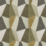Detail swatch of a wallpaper pattern with mixed three dimensional diamond forms with black, white, taupe, dark forest green, dark sage green and a bright olive green on a textured paper.