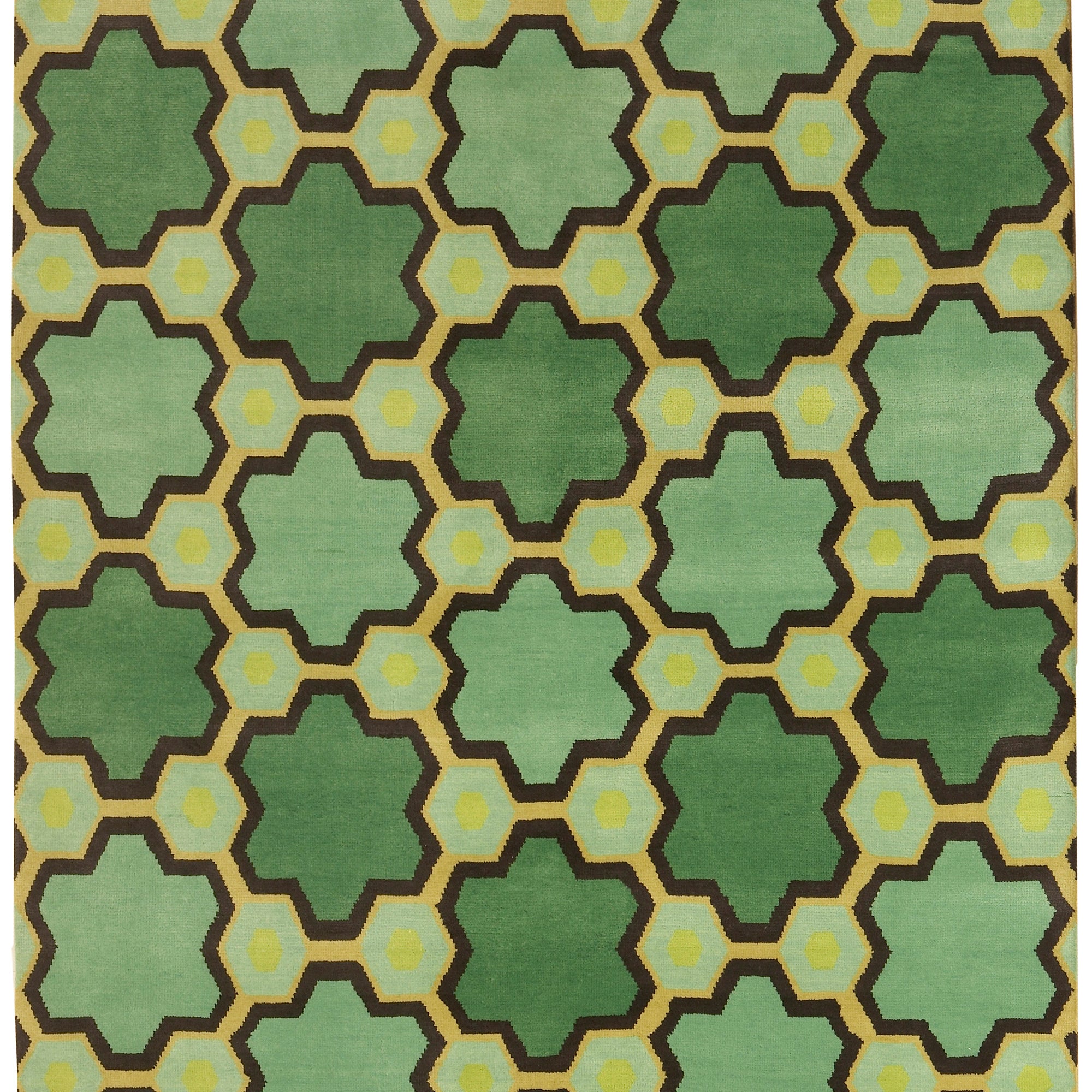 Full size of the Cordoba Cut Pile Rug in Emerald, a hexagonal lattice pattern with sahdes of emerald, jade, yelow and chcolate brown. 