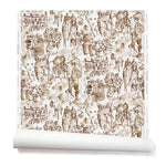 Partially unrolled wallpaper with a pattern of repeating watercolor illustrations of horses, farmers and country houses in sepia on a white background.