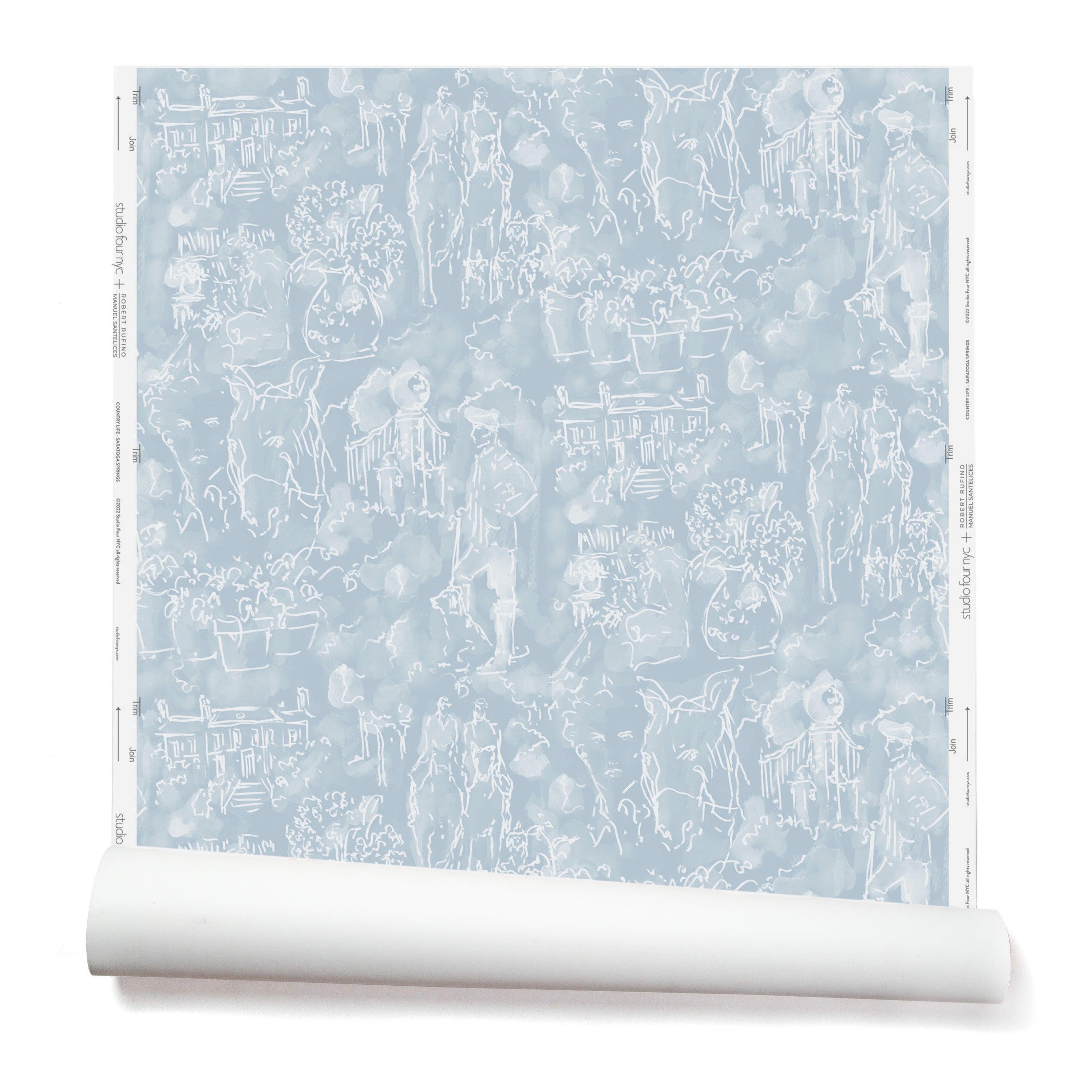 Partially unrolled wallpaper with a pattern of repeating watercolor illustrations of horses, farmers and country houses in white on a blue background.