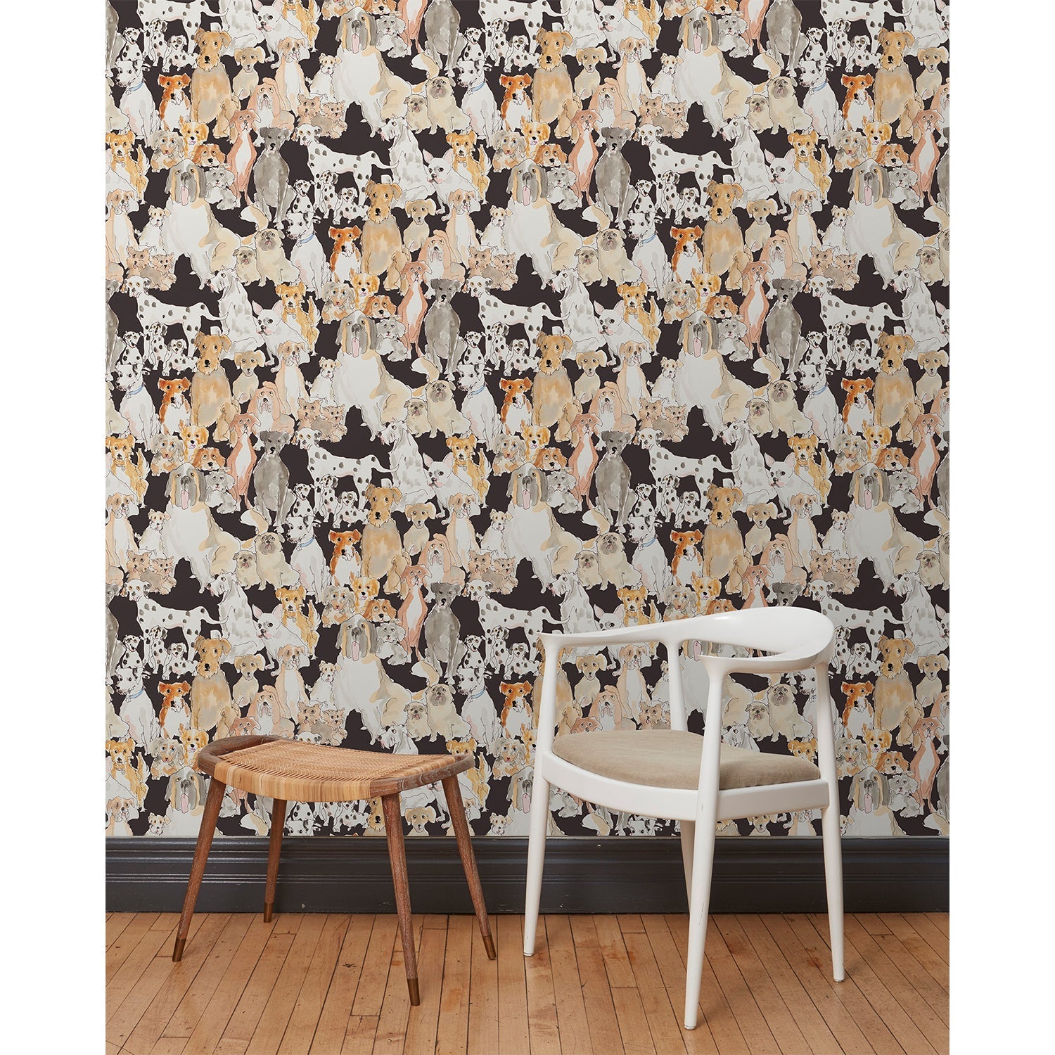 A chair and stool in front of a wall papered in a pattern of many different types of illustrated watercolor dogs with a black background.