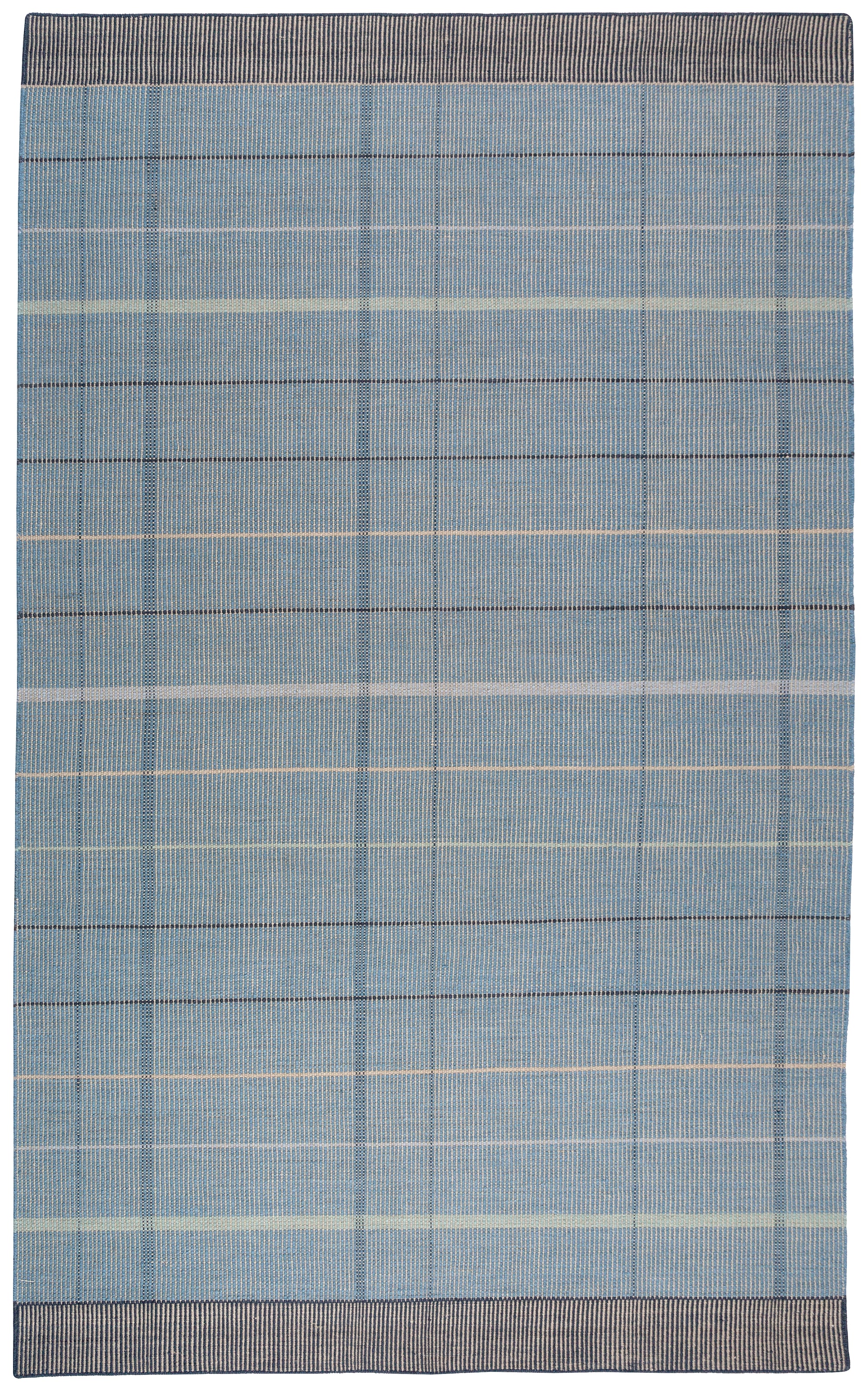 Full size Jasper Waffle Rug in Chalcedony, a large scale plaid pattern of denim blue, black, yellow and pale turqouise. 