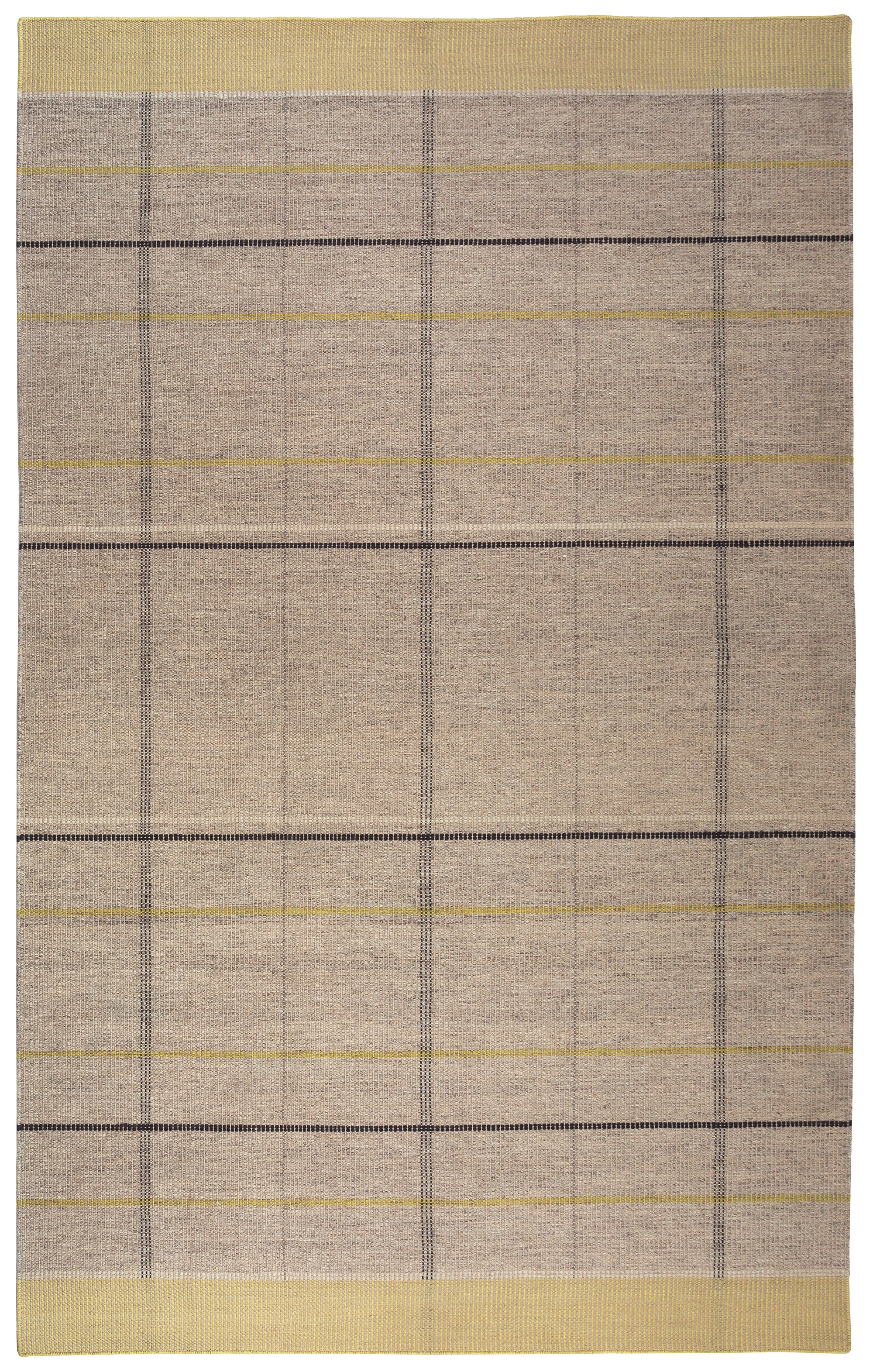 Full size Jasper Waffle Rug in Peridot, a large scale plaid pattern of ecru, yellow, grey and off white. 