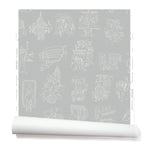 Partially unrolled wallpaper with white hand-drawn illustrations of New York City landmarks on a gray background.