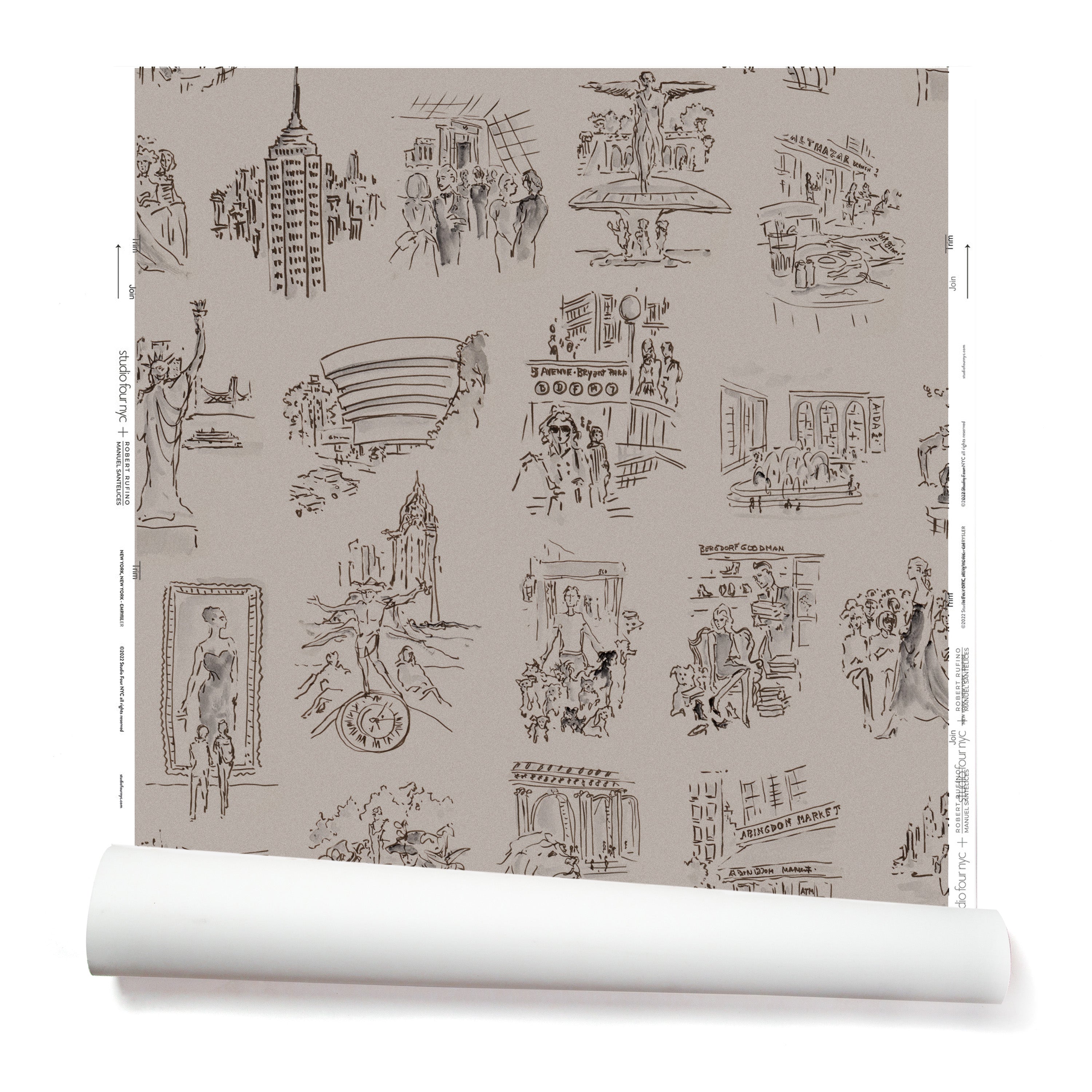 Partially unrolled wallpaper with black hand-drawn illustrations of New York City landmarks on a tan background.