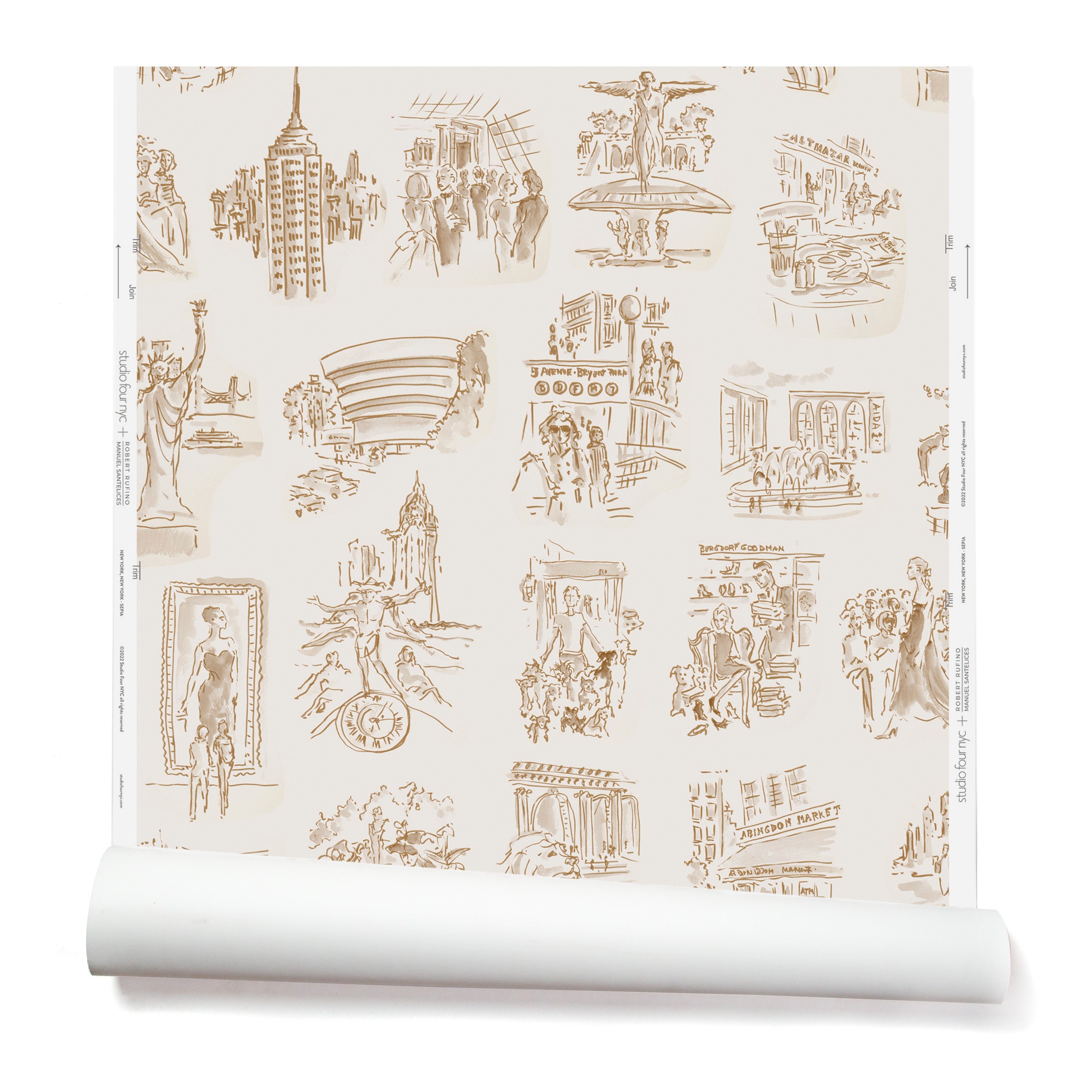 Partially unrolled wallpaper with sepia tone hand-drawn illustrations of New York City landmarks on a beige background.