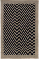 Full size Penta Chevron Rug in Jet, a black chevron pattern on a taupe field with a wide solid border. 