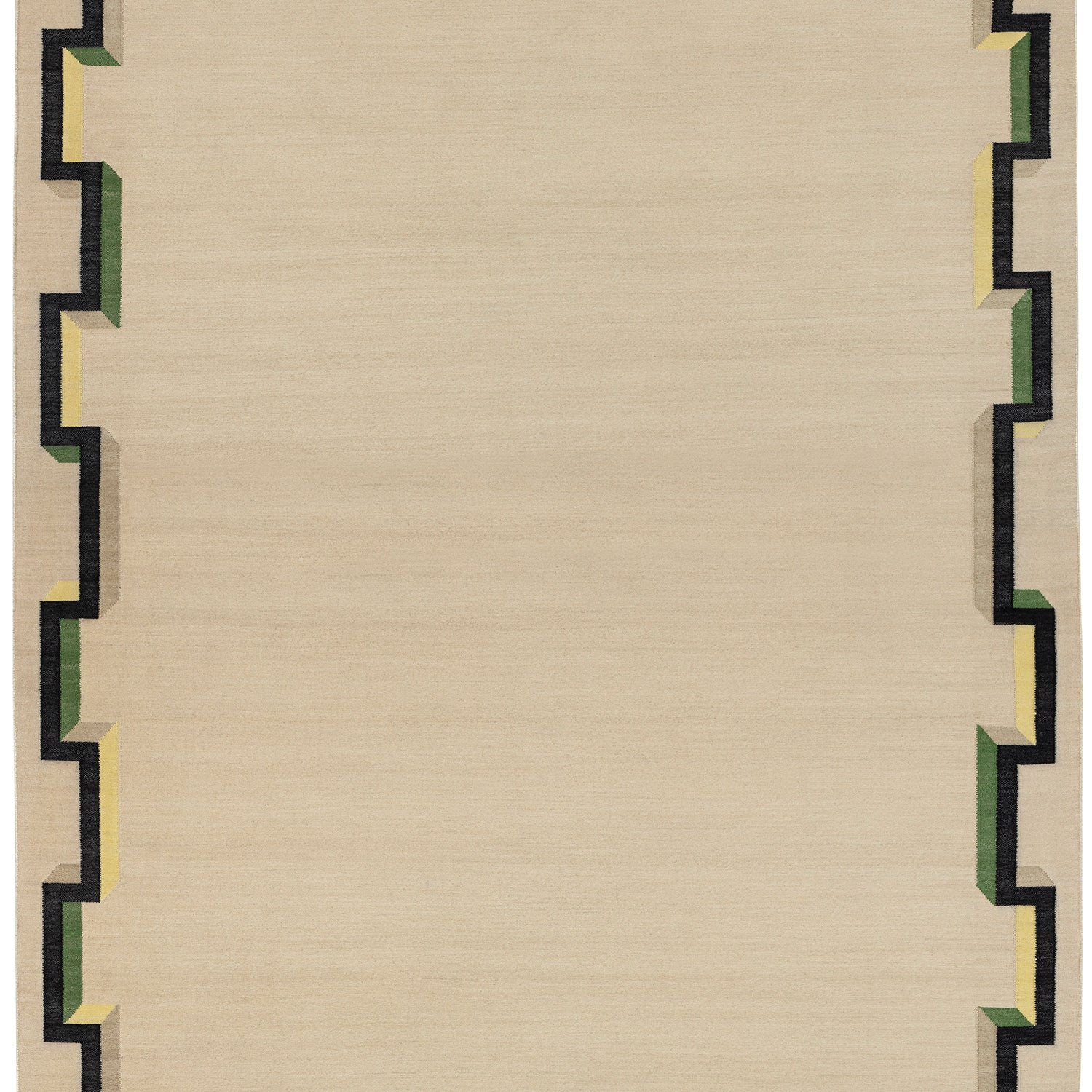 Full size Ponti Rug in Salvia, an ivory field with a geometric stair step border in black, with yellow, green and taupe. 