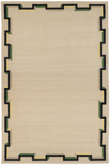 Full size Ponti Rug in Salvia, an ivory field with a geometric stair step border in black, with yellow, green and taupe. 