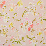 Linen swatch with a pattern of large-scale line-drawn flowers in gray ink with red, pink and yellow watercolors, on a pink background.