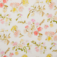 Linen swatch with a pattern of large-scale line-drawn flowers in gray ink with red, pink and yellow watercolors, on a beige background.