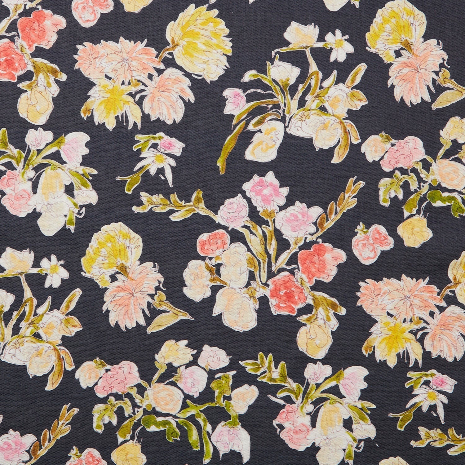 Linen swatch with a pattern of large-scale line-drawn flowers in gray ink with red, pink and yellow watercolors, on a black background.