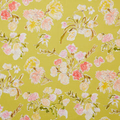 Linen swatch with a pattern of large-scale line-drawn flowers in gray ink with red, pink and yellow watercolors, on a light green background.
