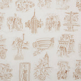 Linen swatch with sepia tone hand-drawn illustrations of New York City landmarks on a beige background.