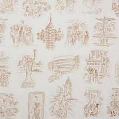 Linen swatch with sepia tone hand-drawn illustrations of New York City landmarks on a beige background.