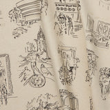 Linen swatch with black hand-drawn illustrations of New York City landmarks on a tan background.