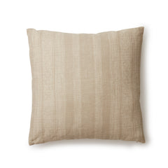 Square throw pillow in a striped pattern of intricate white lines over a washed beige background.
