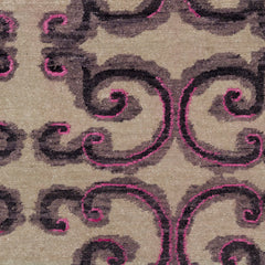 Amped Up rug swatch with a large curlie cue design in shades of  purple and bright pink on an ivory field.
