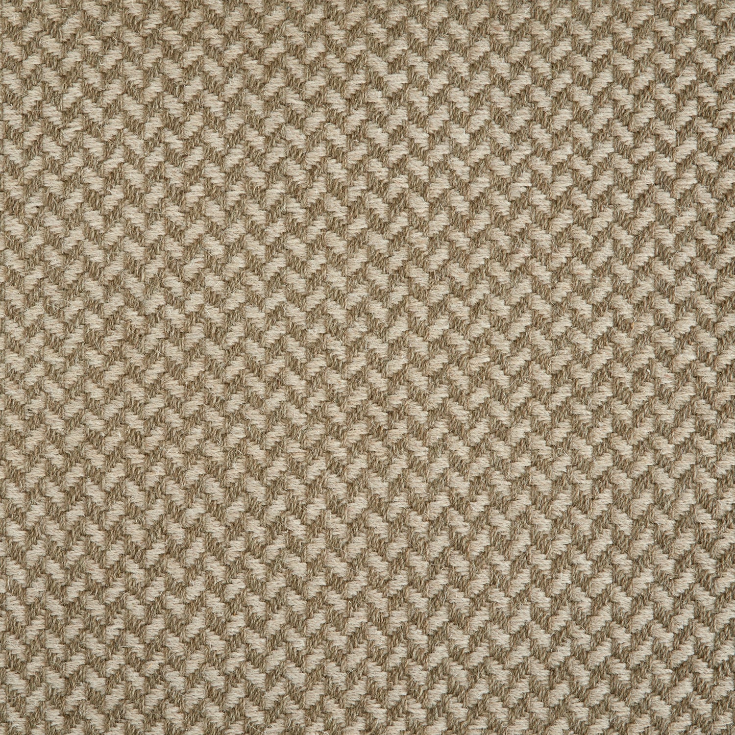 Wool broadloom carpet swatch in a herringbone pattern in shades of alternating tan and brown.