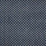 Wool broadloom carpet swatch in a herringbone pattern in shades of alternating navy and cream.