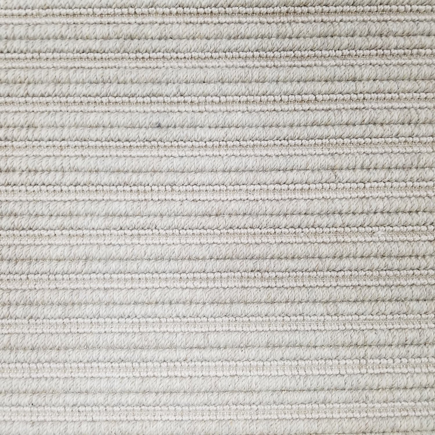 Wool broadloom carpet swatch in a textured stripe weave in a light silver colorway.