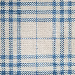 Wool broadloom carpet swatch in a blue and cream plaid pattern.
