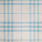Wool broadloom carpet swatch in a blue and tan plaid pattern.
