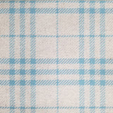 Wool broadloom carpet swatch in a blue and tan plaid pattern.