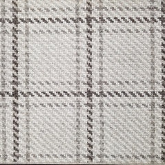 Wool broadloom carpet swatch in houndstooth plaid in shades of ivory, gray and brown.