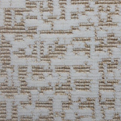 Wool-polyester broadloom carpet swatch in an impressionistic repeating pattern of white on a gold field.