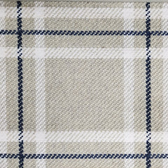 Wool broadloom carpet swatch in a plaid print in shades of cream, tan and navy.