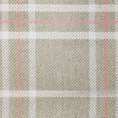 Wool broadloom carpet swatch in a plaid print in shades of cream, tan and pink.