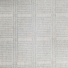 Wool broadloom carpet swatch in a plaid print in shades of light blue, gray and cream.