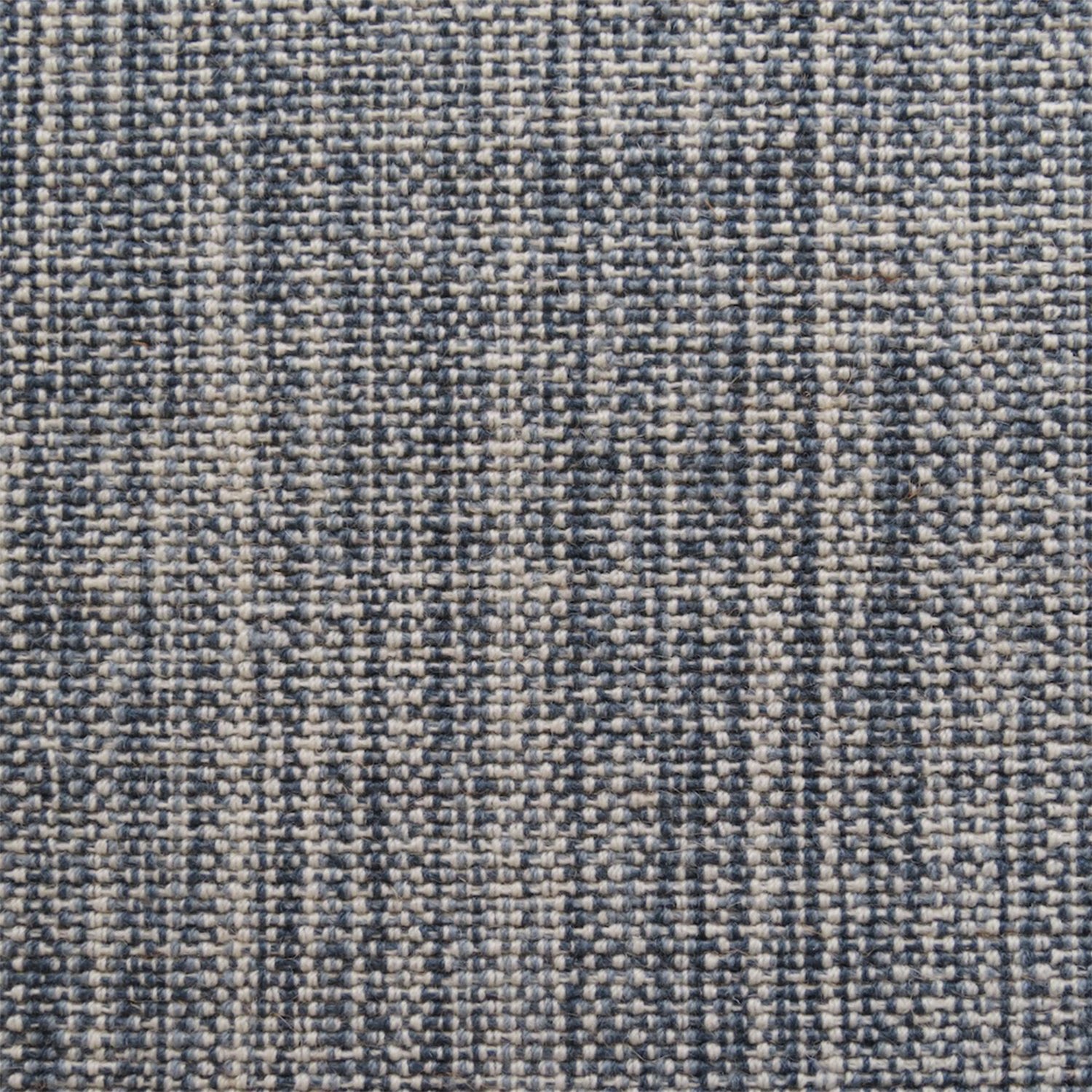 Linen broadloom carpet swatch in a woven mottled check pattern in cream and navy.
