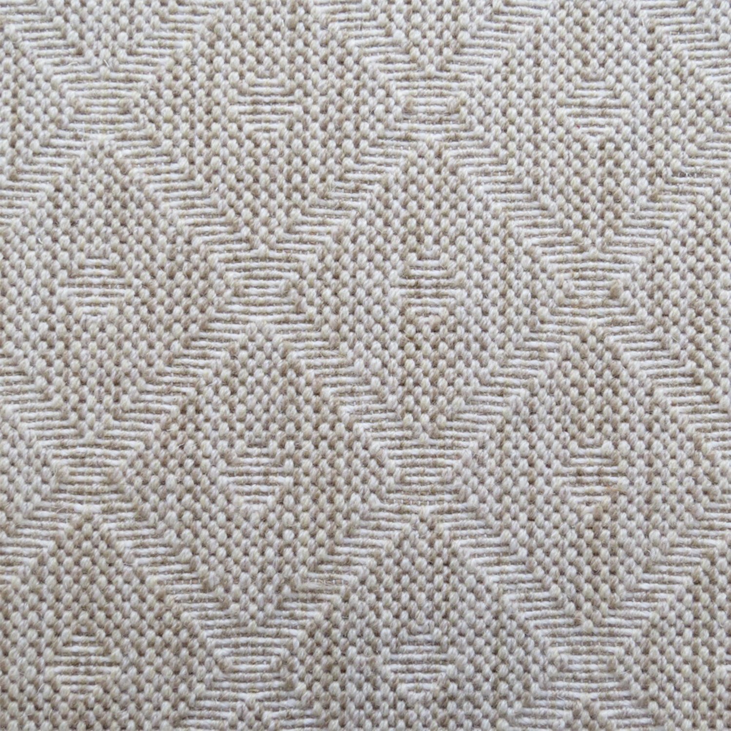 Wool broadloom carpet swatch in a repeating diamond check pattern in mottled cream and white.