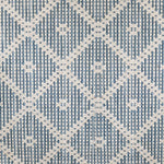 Wool broadloom carpet swatch in a repeating diamond check pattern in blue and cream.