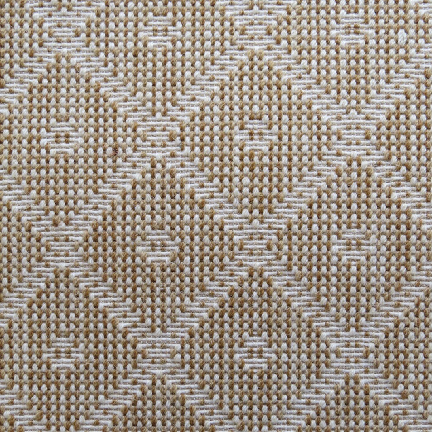 Wool broadloom carpet swatch in a repeating diamond check pattern in cream and gold.